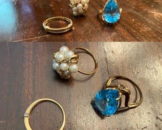 14 Kt Gold Rings Blue Tapaz, Diamonds, & Pearls