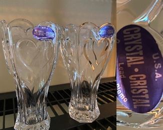 Pair Deplomo Crystal Vases made in USA with heart Impressions 