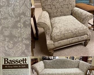 Bassett Neutral Upholstered Sofa with Wood Accent/Feet & Matching Arm Chair 