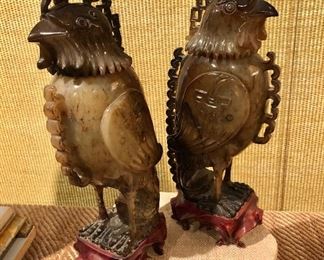 Nephrite jade pair of Falcons on molded teak stands 