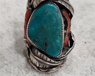 native american sterling and turquoise ring with huge possibly bisbee or nevada blue