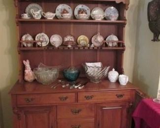 Maple Buffet - 4 drawers. 2 side storage areas. Tea and Saucer cup collection. 2 Punch Bowl. One on right 75+ years old. Milk glass
