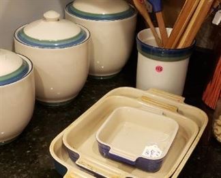 Pfaltzgraff canister set, utensil holder, Le Creuset blue stoneware