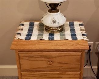 Amish made oak bedside table, vintage blue floral lamp