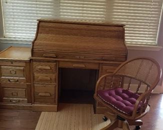 Oak Crest roll top desk (oak), Oak cane back office chair on wheels, Oak two drawer filing cabinet