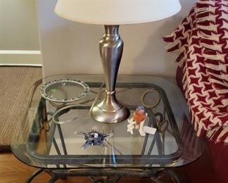 Glass top / iron table, lamp