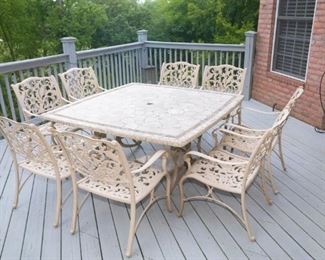 64" x 64" Outdoor Tile Top Table with Metal Chairs