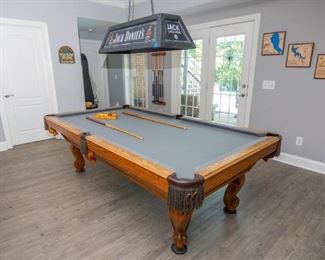 Jack Daniels Lights Sold Separately.  Pool Table — Custom built by Golden West Billiards, Inc, Los Angeles, CA. Measures 55" wide x 98" long and 31.5" tall pool table 