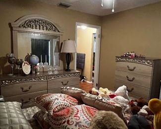 Ashley Catalina Bedroom, Bed,  Dresser with mirror, Tall 5 drawer dresser, and nightstand.