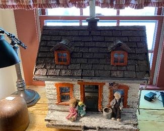 charming doll house, Americana look, hand made, notice miniature crock by papa with American flag