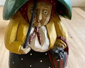 Hand carved woodwork by Paige Koosed, charming mama with her umbrella and favorite cat in her basket