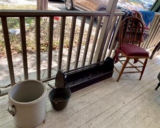 crocks, antique wooden tool carrier