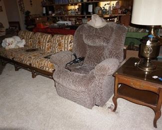 couch, lift chair, side table , lamp