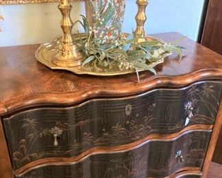 3-drawer Asian chest & vase; brass tray and candleholders