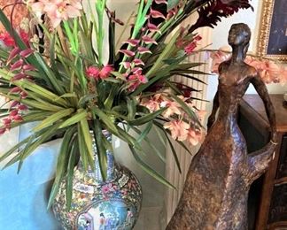 Large Rose Medallion urn/vase; lady sculpture