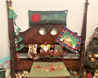 Mahogany 4-poster full headboard and footboard; needlepoint seat bench; Christmas decorations