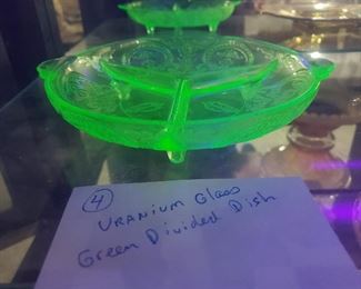 Uranium / vaseline glass green depression divided dish