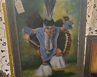 Large oil on canvas signed Pasquarello of native american boy dancing in pow wow regalia. 