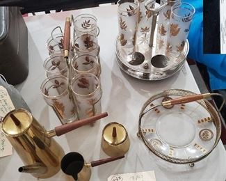 Old mid century brass and walnut coffee or teapot with cream and sugar, 11 jewel tea autumn leaf Libbey glasses, mid century serving dish. 