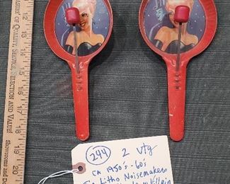 Antique tin litho Halloween noisemakers marked T COHN. 