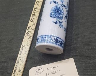 antique blue onion porcelain rolling pin. 