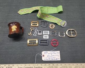 Peters and Reed cavalier mug full of old buckles, red bakelite, Germany, more. 