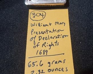 2.32 ounce sterling silver bar.  William & Mary 1689 presentation of rights. 