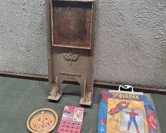 1887 cast iron blank grave marker, corn knife, spider man costume, more.  halloween
