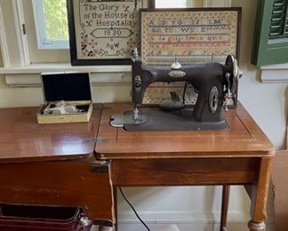 Vintage Sewing Machine, large collection of embroidered samplers (2 very early ones some newer)