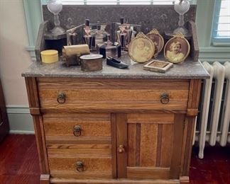 Antique Marble Top Washstand, Travel Mirror, Vintage Frames and Perfume Bottles