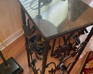 #17B - $100- Pair of iron botanicals side table, nesting with marble tops 
