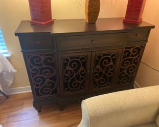 #12 - $240 Skinny sideboard with open scroll work 4'Wx16Dx38H
