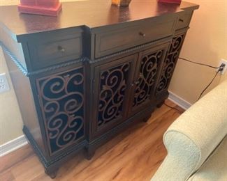 #12 - $240 Skinny sideboard with open scroll work 4'Wx16Dx38H