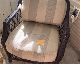 #42 - $170 - All weather wicker brown armchair + setee swing with pillows 