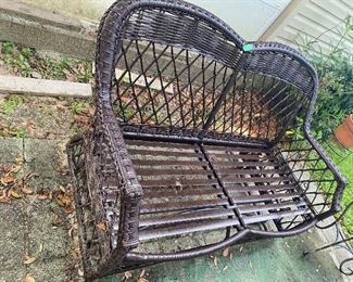 #42 - $170 - All weather wicker brown armchair + setee swing with pillows 
