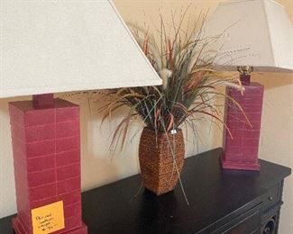 $70 Pair of red leather lamps 