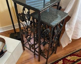 #17B - $100- Pair of iron botanicals side table, nesting with marble tops 
