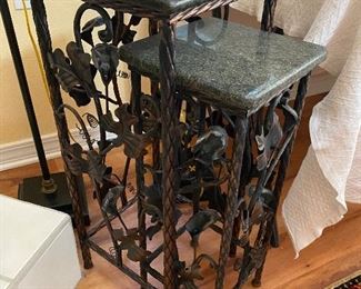 #17B - $100- Pair of iron botanicals side table, nesting with marble tops 