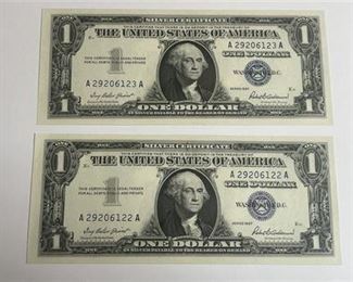 Lot 45
1957 Silver Certificate Note, Consecutive #s Dollar Bills (2)