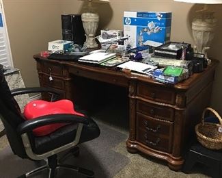 Desk, office chair, office supplies, lamps