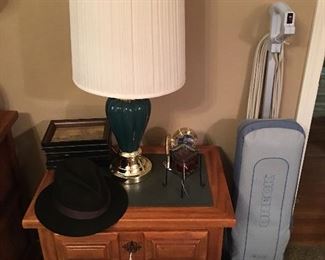 Nightstand, Oreck vacuum, lamp