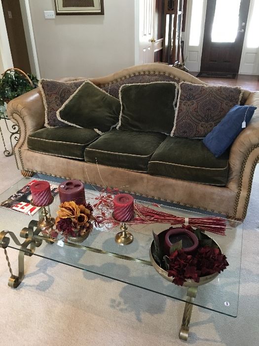 Leather sofa, glass & brass coffee table