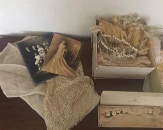 Antique wedding gown, vail and accessories.