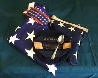 Antique 48 star flags and military memorabilia.