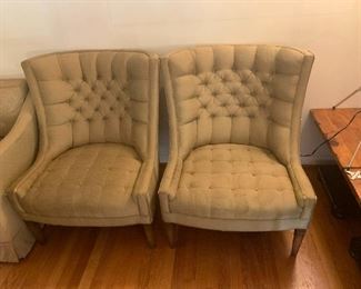 #15	2 as is stain goldish green button back and seat mid century chairs  sold as pair 	 $30.00 			
