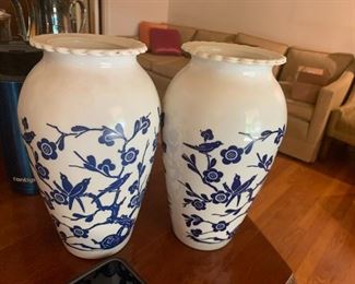#29	(2) white with blue bird vases 9 inches tall sold as pair	 $20.00 			
