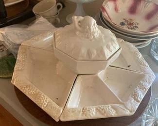 #30	USA white China lidded bowl with 4 serving trays on wood lazy Susan 	 $20.00 			
