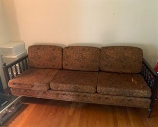 #33	vintage as is midcentury wood sides sofa with 3 loose seat and back cushions82 long	 $30.00 			
