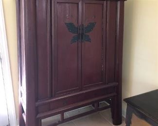 Antique Red Chinese Lacquered Cabinet with Butterfly Hardware