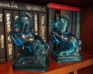 1940's L E Smith Blue Glass Horse Bookends